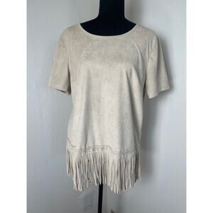 Le Lis Women's Suede Fringe Breaided Western Boho Cowgirl Short Sleeve Top Tan L